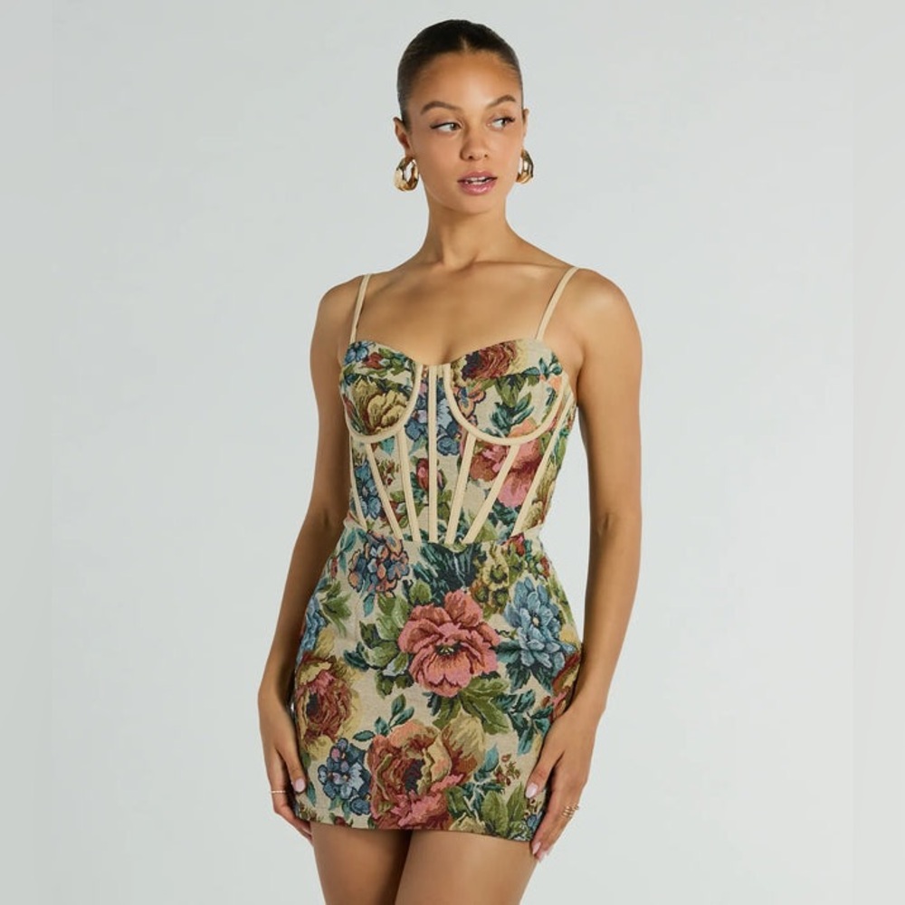 Chic Charm Floral Tapestry Corset Mini Dress M